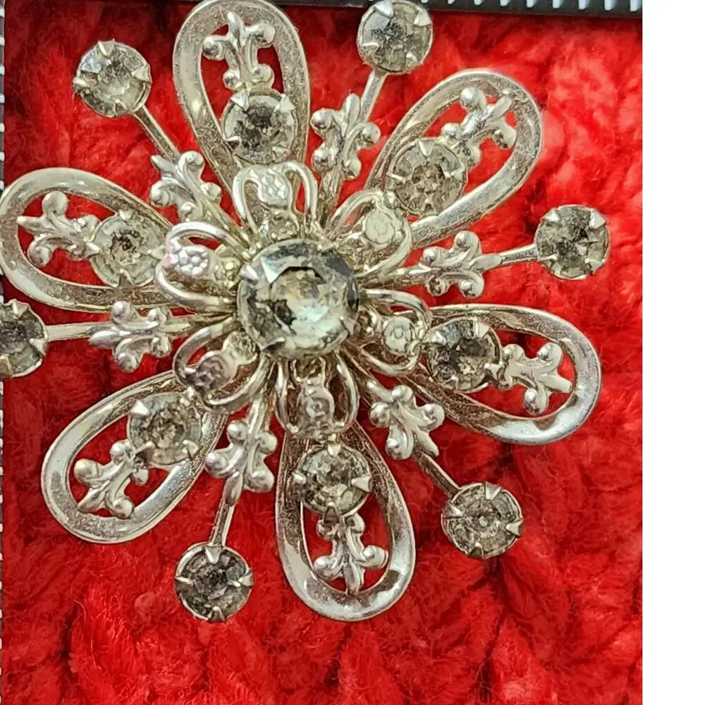 60s Silver Tone Grey Rhinestone Passion Flower Style Brooch Pin
